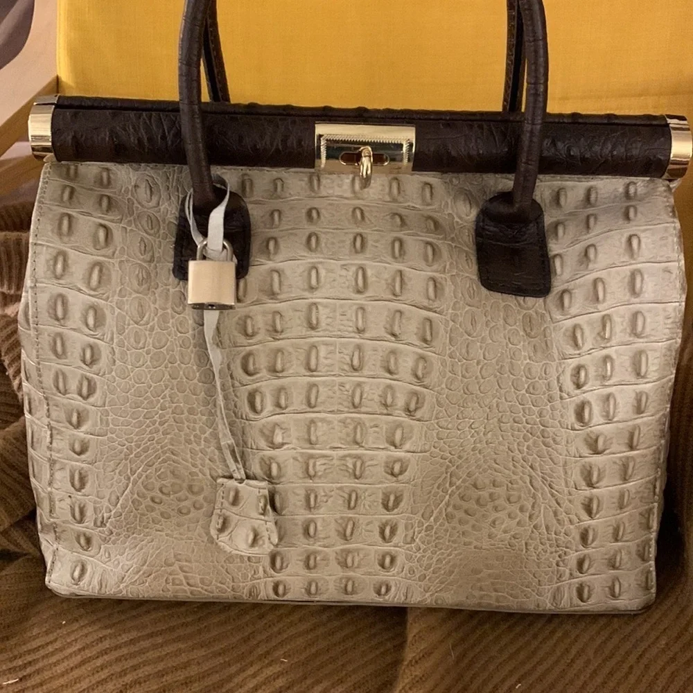 Croc Embossed Italian Leather Satchel in Taupe